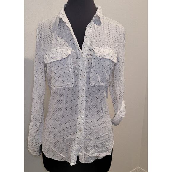 Love Tree Womens Polka Dot Blouse – Size L – White Black Dots – Roll Tab Sleeve - Picture 1 of 8